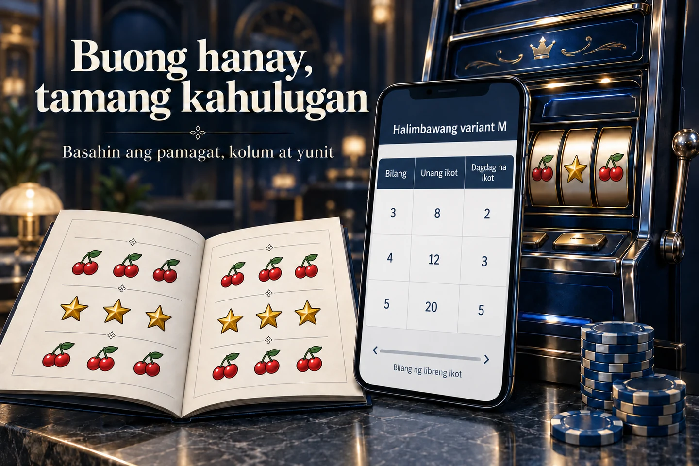 Telepono at slot cabinet na may buong rules table at paalala na basahin ang pamagat, kolum at yunit.
