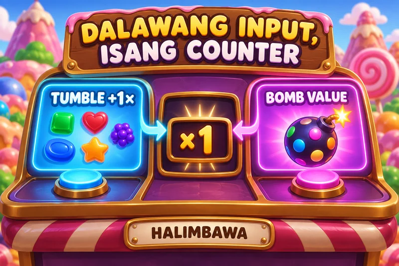 Orihinal na slot concept: Candy Blitz Bombs. Successful tumble increment at eligible bomb value: hiwalay na inputs. Hindi actual provider screenshot.