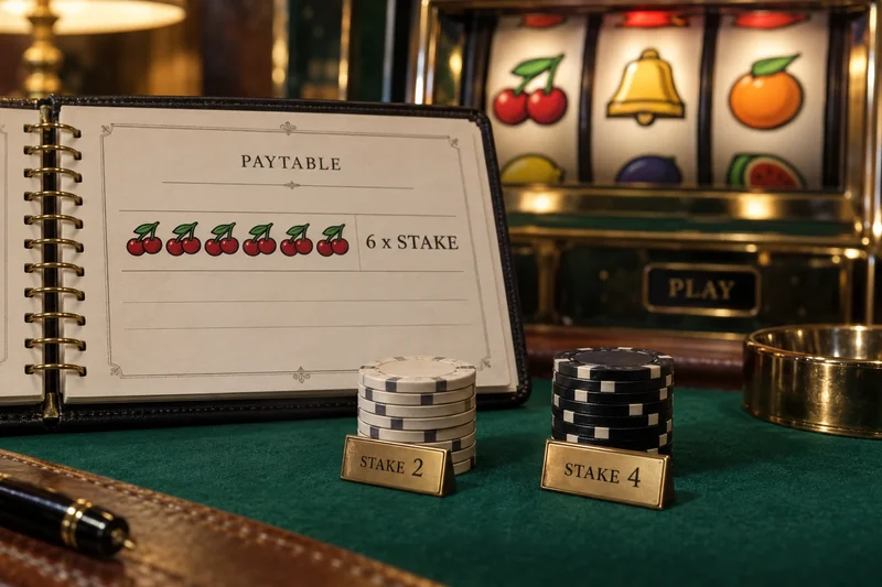 An example slot paytable marked six times stake, with separate stake-two and stake-four chip groups.