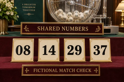 Lottery teaching desk with a draw drum and four shared-number cards labelled 08, 14, 29 and 37