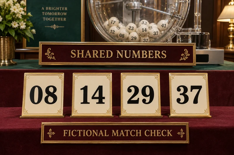 Lottery teaching desk with a draw drum and four shared-number cards labelled 08, 14, 29 and 37