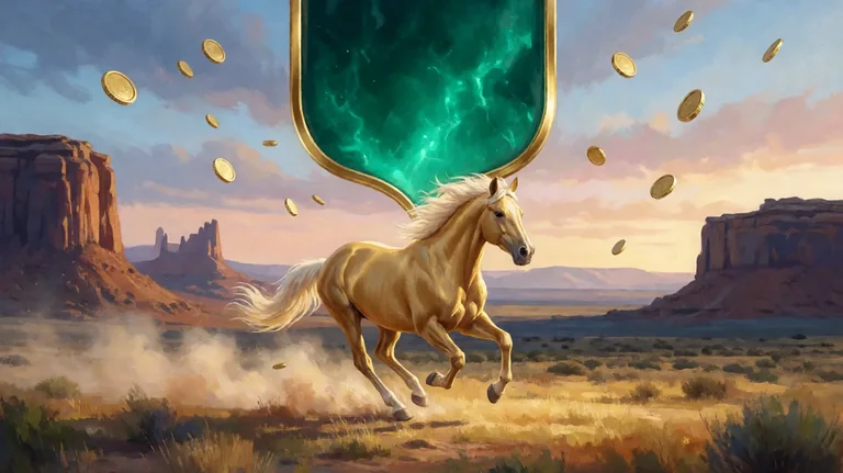 A golden mustang horse galloping across a sunlit canyon plain at dusk, with a glowing emerald panel and gold coins in the sky