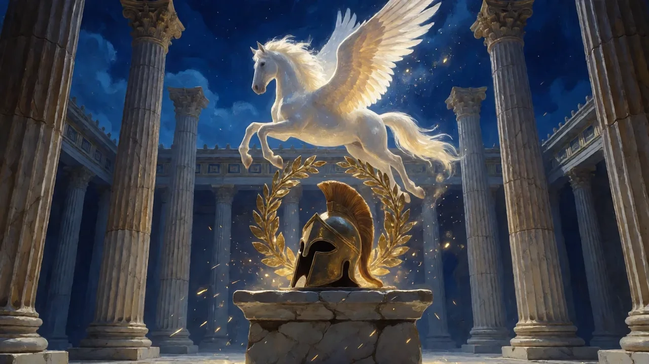 A winged white horse flying above a stone pedestal that holds a bronze helmet and golden laurel wreaths, between tall marble columns under a night sky