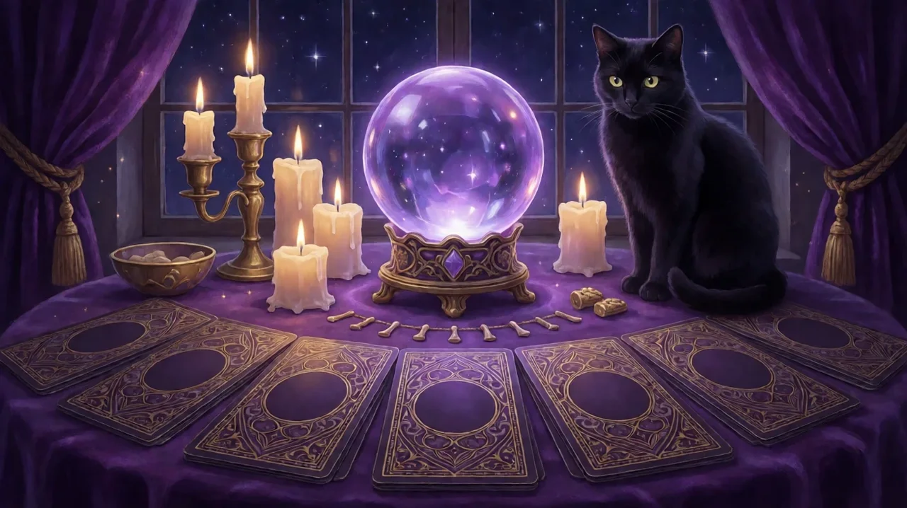 A glowing purple crystal ball on a velvet table with candles, face-down ornate tarot cards and a black cat, beside a starry window