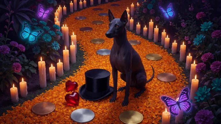 A hairless black Xoloitzcuintli dog sitting on a path of orange marigold petals lined with candles at night, beside a black top hat, two red glass hearts, plain bronze, silver and gold discs and glowing blue and violet butterflies