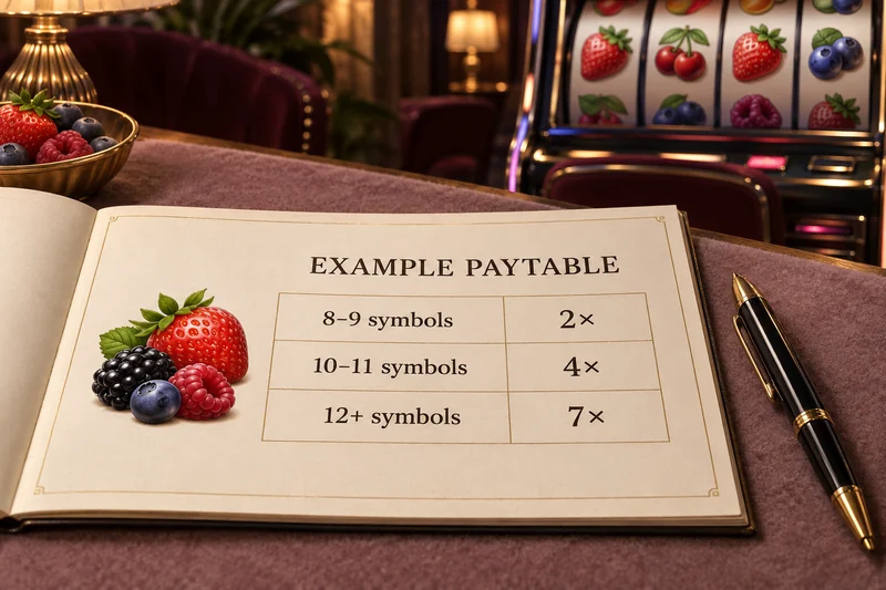 A fictional berry slot paytable lists three symbol-count bands and their award factors.