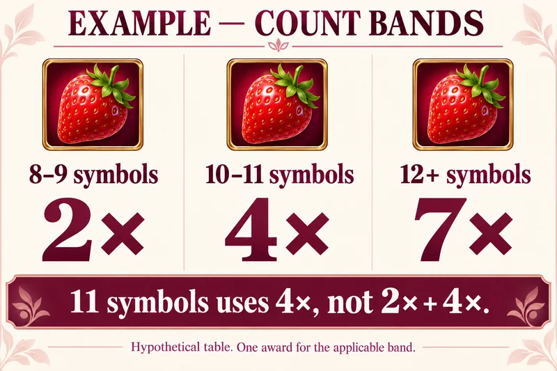 The same strawberry symbol illustrates three count bands; eleven symbols uses the middle 4× factor only.